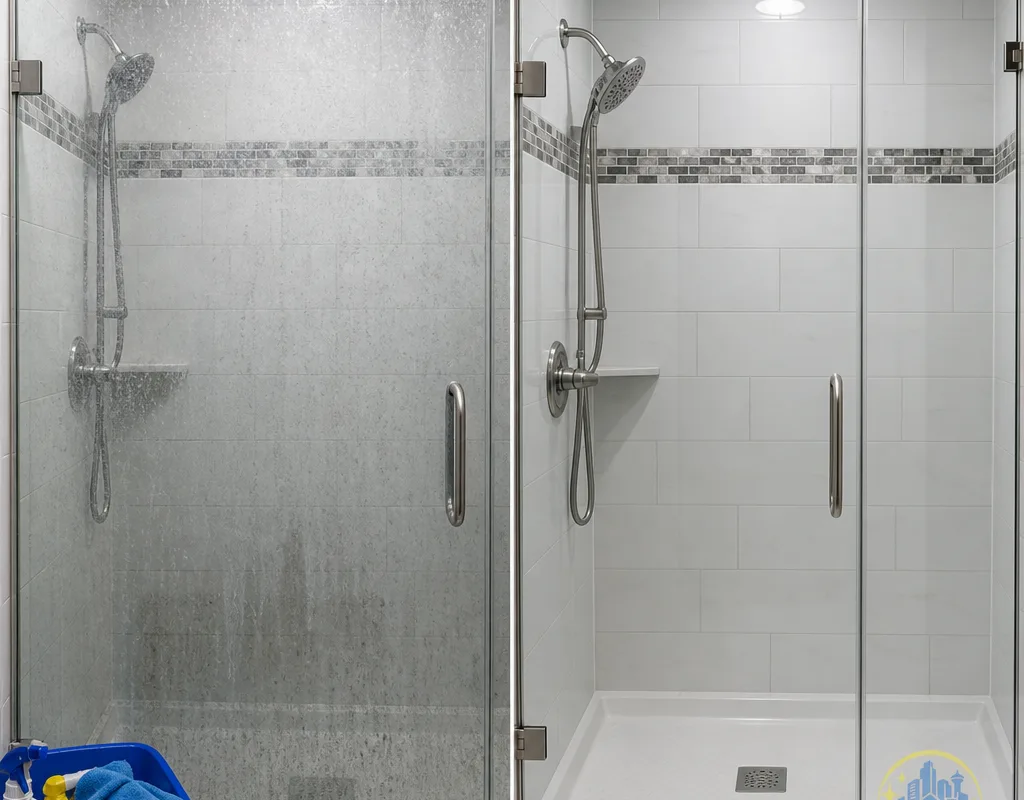 Before-and-after comparison of soap scum removed from shower glass and tile
