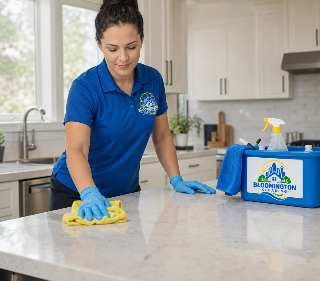 Bloomington cleaning professional wiping a bright residential kitchen counter with a microfiber cloth