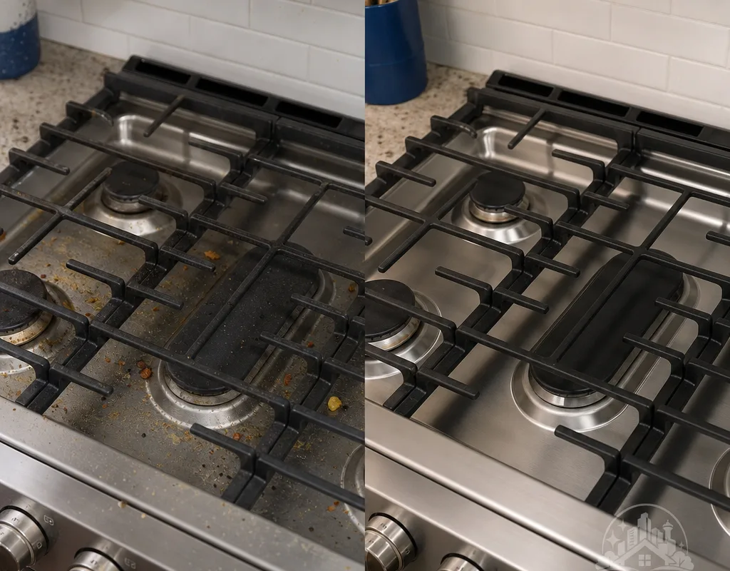 Before-and-after comparison of a kitchen stovetop cleaned of grease and crumbs