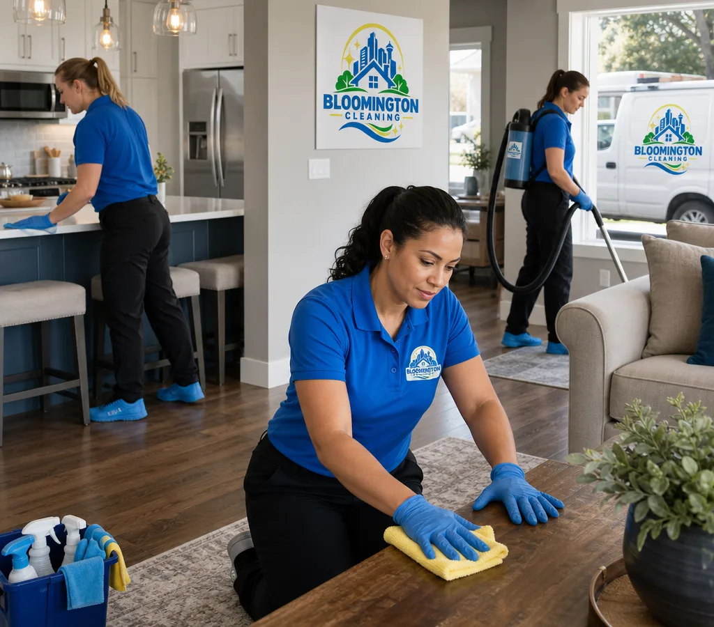Professional cleaning a bright, tidy Bloomington home interior with microfiber cloths and a vacuum