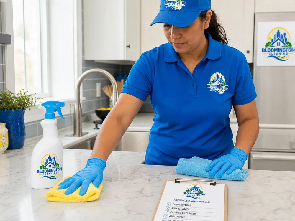 Cleaner wiping a kitchen counter and sink beside a cleaning checklist