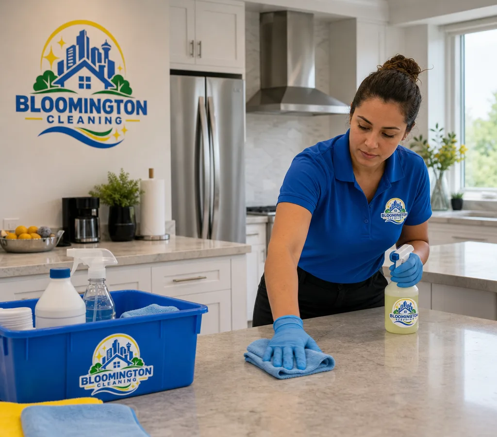 Bloomington cleaning technician wiping a bright kitchen counter with labeled supplies and microfiber cloths