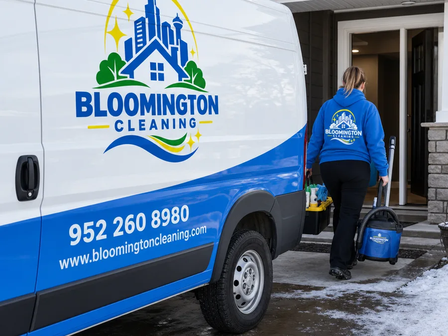 Bloomington cleaner carrying a vacuum and supply tote into a winter-ready home entryway